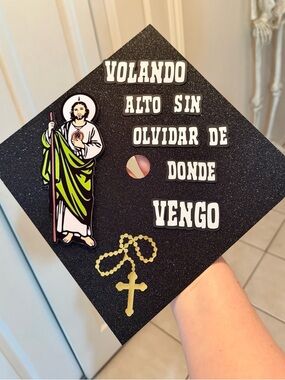 Custom Black Graduation saint jude  Cap with Religious Accent